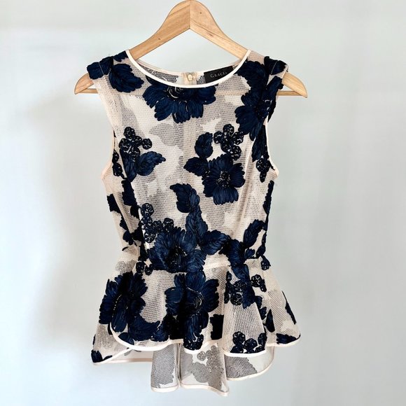 Gracia Floral Lace Mesh Peplum Top, Small, Navy & Cream - Picture 2 of 11